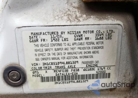 2004 Nissan Sentra 1.8 из США, поврежденный, VIN 3N1CB51D94L881329